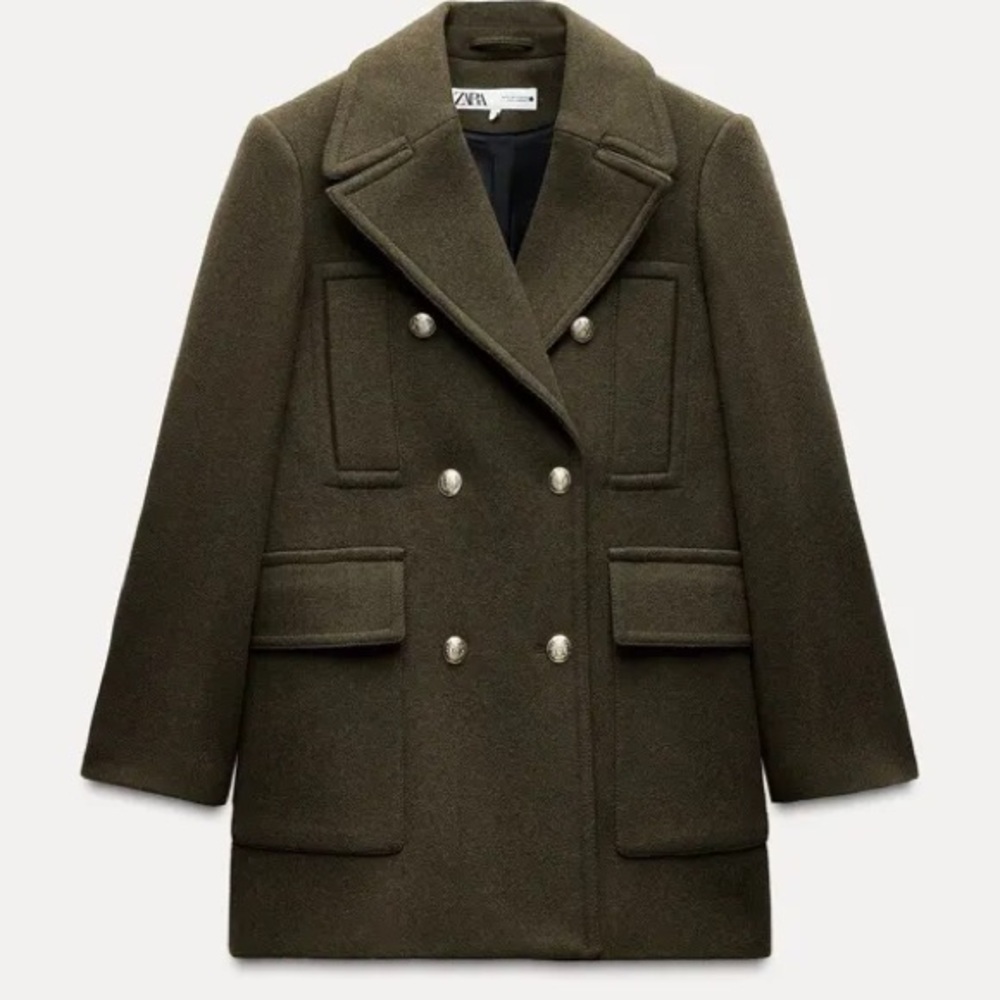 Zara Khaki Double-Breasted Pea Coat Wool Blend ZW Collection